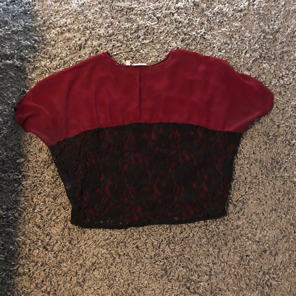 Red sheer & black lace top.